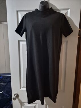 Zara Black Short-Sleeve Mock Neck Midi Dress